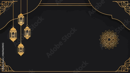Elegant gold lanterns and mandala on black background for Ramadan or Islamic design