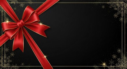 A red ribbon with a gold border on a black background with snowflakes.
