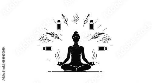 Silhouette of a woman meditating in the lotus position surrounded by essential oil bottles and aromatic herbs representing aromatherapy and holistic wellness practices