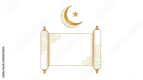 Elegant gold Torah scroll with crescent moon and star on white background