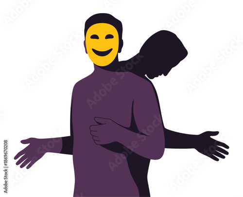 Man hides true unhappy feelings behind a bright yellow smiling mask.