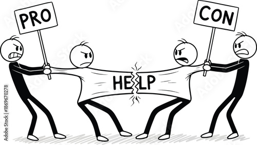 Cartoon Characters Arguing Over Help Sign.