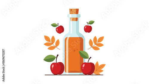 Wholesome bottle of fresh apple cider with a cork stopper, surrounded by red apples and golden autumn leaves, symbolizing harvest.