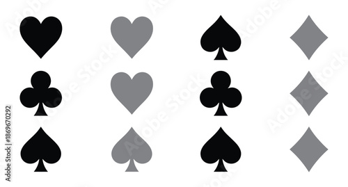Card Suits vector icon design for multiple use. Suite of playing card symbols. Card suit icons vector, clubs diamonds hearts spades icons, Casino Poker and gambling graphic elements. 