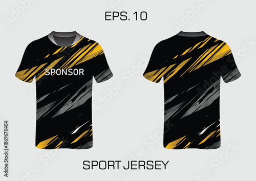 Stylish Black and Yellow Sport Jersey Design with Sponsor Branding and Abstract Patterns