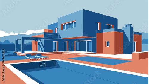 Modern Architectural Design A Luxurious Villa with a Swimming Pool and Lounge Chairs Under a Clear Blue Sky