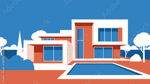 Modern Architectural Design of a Sleek House with a Swimming Pool and Lush Greenery Under a Clear Blue Sky