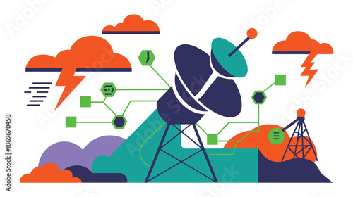 Satellite dish communicates data through digital network amidst stormy weather.