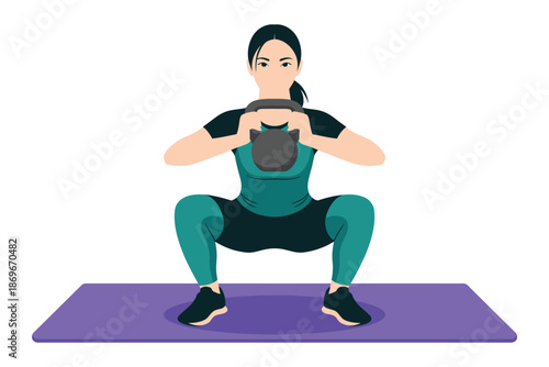 Woman performs a kettlebell squat exercise on a purple yoga mat during intense.