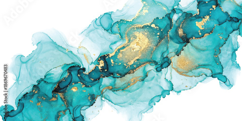 Vibrant turquoise and gold alcohol ink abstract art with flowing liquid texture