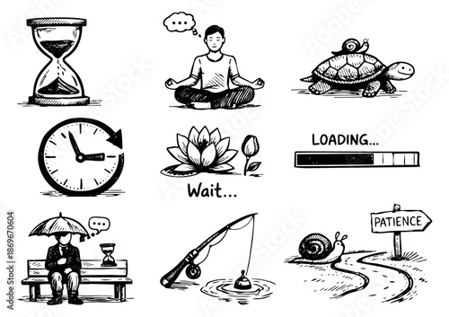 Hand drawn line art icons set featuring elements symbolizing time, waiting, and patience for concepts of slowness and mindfulness