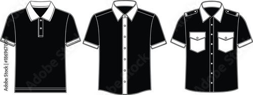 Men shirt silhouette collection showing polo and button down styles, short sleeve apparel designs isolated on white background illustration