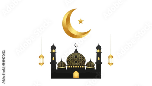 Elegant mosque illustration with crescent moon and lanterns for Ramadan