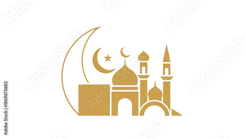Golden mosque silhouette with crescent moon and star on white