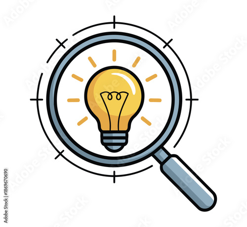 Magnifying glass focuses sharply upon a glowing lightbulb representing a new.