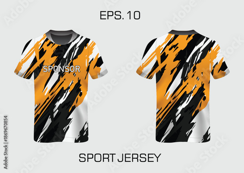 Dynamic Sport Jersey Design with Black and Orange Abstract Stripes and Sponsor Text