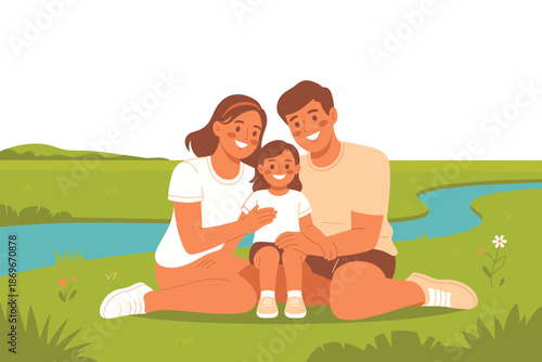Smiling parents and small child pose happily together during an outdoor summer.