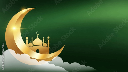 Golden crescent moon and mosque silhouette on green background