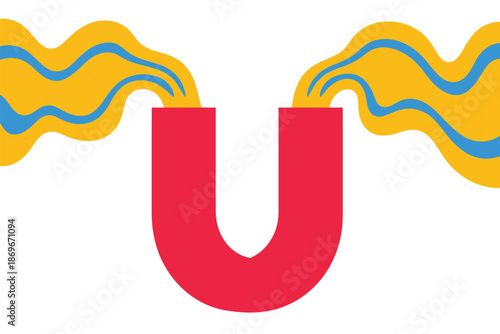 Red horseshoe magnet attracts flowing yellow and blue energy waves upward.