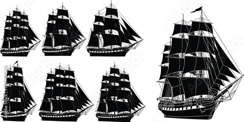 Sailing ship silhouette collection showing historic tall ships and pirate vessels, vintage maritime nautical transport isolated on white background illustration