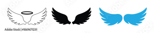 Wing designs in black, white, and blue for creative projects. angel wings silhouette. angel wings tattoo design. Devil wings  colors for design projects. Angel wings icons  for design projects.