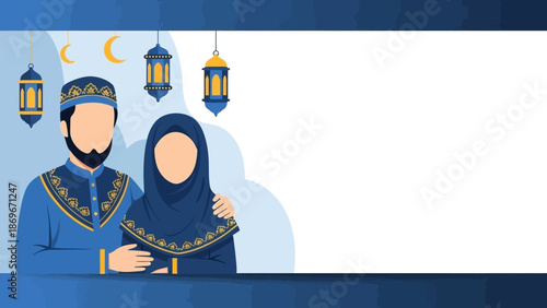 Couple in traditional Islamic attire celebrating Ramadan with lanterns