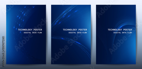 Technology Banner Poster set. Futuristic digital data wave glowing lines. Data science concept tech banner, corporate business presentation or booklet technology