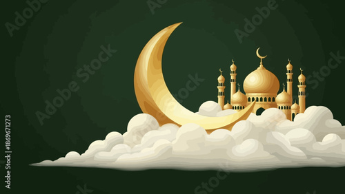 Golden mosque on clouds with crescent moon in night sky