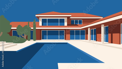 Elegant modern residence with a swimming pool on a clear blue sky day, showcasing a luxurious architectural design and outdoor living space