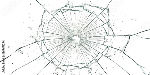 Spiderweb crack pattern on shattered glass caused by a single central impact point