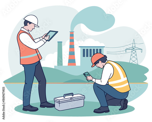 Environmental inspectors monitoring water quality and radiation near a nuclear power plant, ensuring public safety and ecological protection at the site.