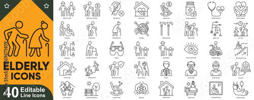 Elderly care icons set. Senior people, healthcare, grandparents, family, retirement, old, wheelchair, support editable stroke vector symbols.