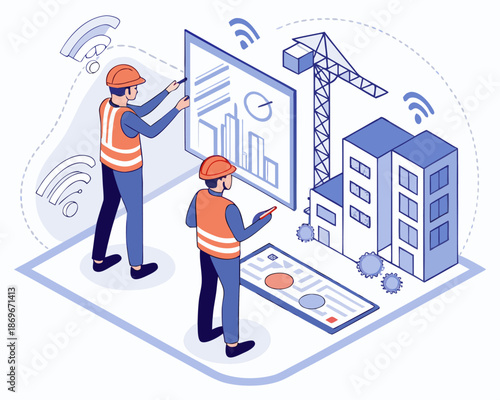 Industrial engineers analyzing smart factory logistics on a digital isometric map, optimizing supply chain management and warehouse distribution efficiency.