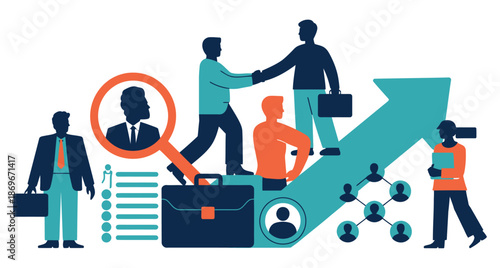 Team collaboration shows career progression along an upward trending arrow.