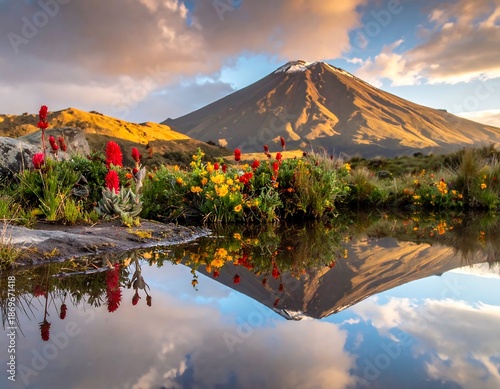 Majestic Cotopaxi Volcano Reflection in Andean Lake, Ecuador.