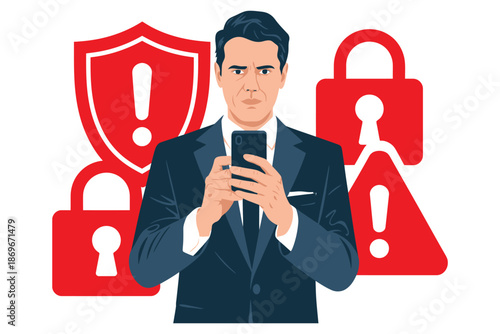Businessman stands surrounded by security icons indicating digital data.