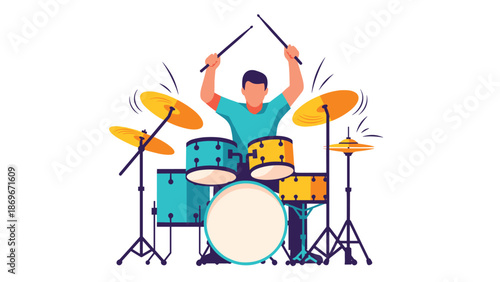 Enthusiastic male drummer energetically playing a full drum kit, perfect for illustrating live music performances and rhythmic beats.