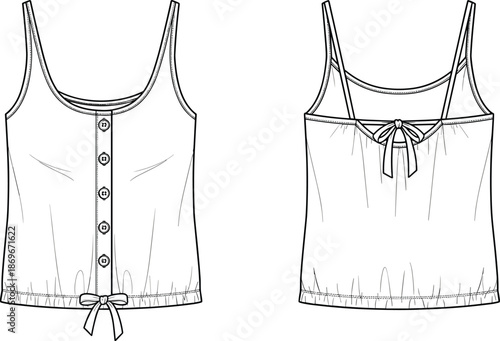 Women tank top outline illustration showing front and back views, sleeveless blouse fashion technical drawing isolated on white background