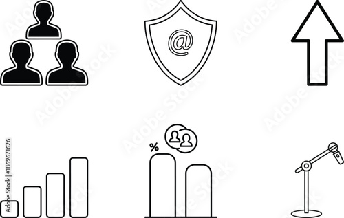Collection of business and security icons including people shield arrow graph and microphone