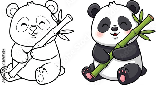panda on bamboo cartoon coloring page vector, cute panda illustration for kids coloring pages, panda bear eating bamboo vector illustration