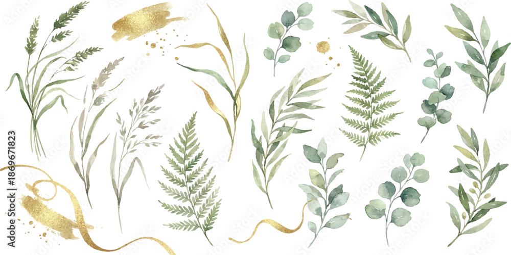 Ταπετσαρία Set of watercolor green leaves, ferns, pampas grass, and golden brush strokes fo