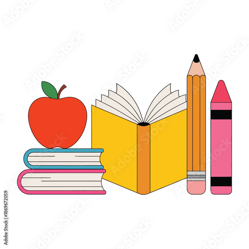 A vibrant illustration showcases school supplies including an apple books a pencil and a crayon on a neutral background.
