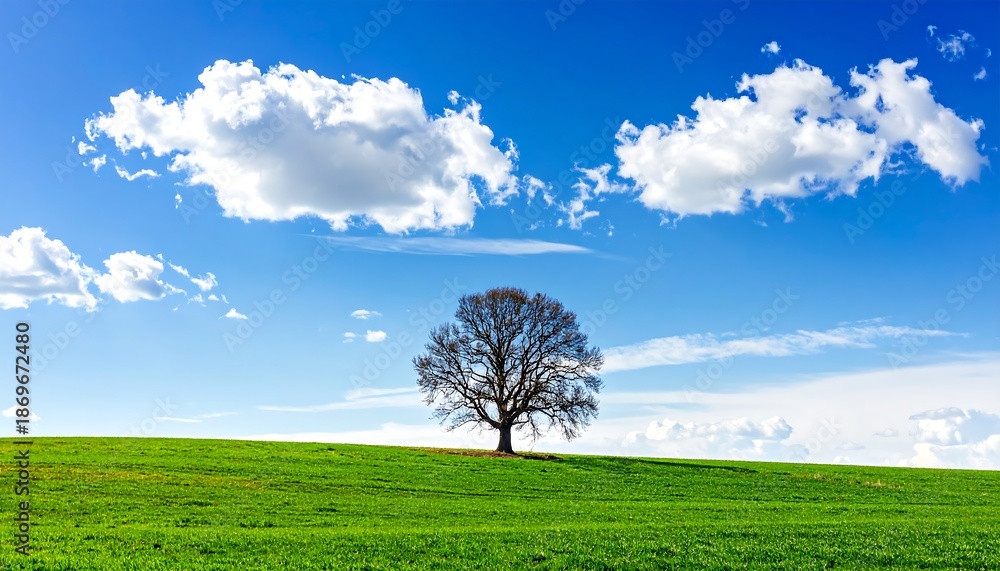 Obraz premium Lone Tree on Green Hill Under Blue Sky with Clouds.