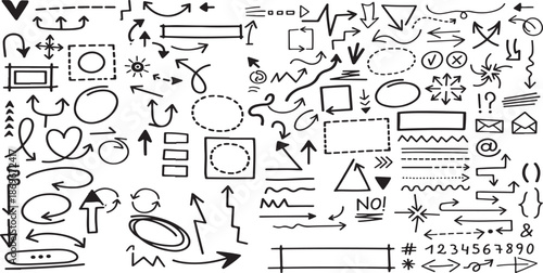 Collection of various hand drawn geometric shapes and arrows
