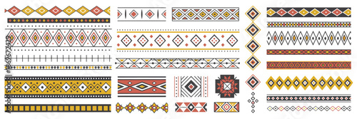 Border decoration elements with colorful patterns, ethnic style collection, vector illustrations featuring ornamental motifs, traditional designs
