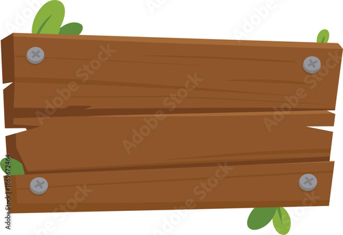 Rustic wooden plank sign vector illustration with screws and green leaves for garden or park message