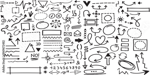 Collection of various black and white line art shapes and symbols for design