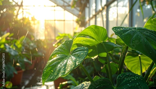 Lush Greenery in a Sunlit Greenhouse - A Tropical Oasis.