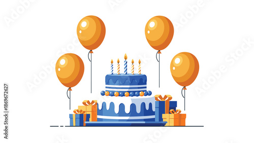 Festive two-tier blue birthday cake adorned with candles, elegantly surrounded by vibrant gift boxes and floating balloons, celebrating.