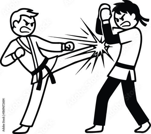 Martial Arts Combat Two Fighters Kicking Punching.